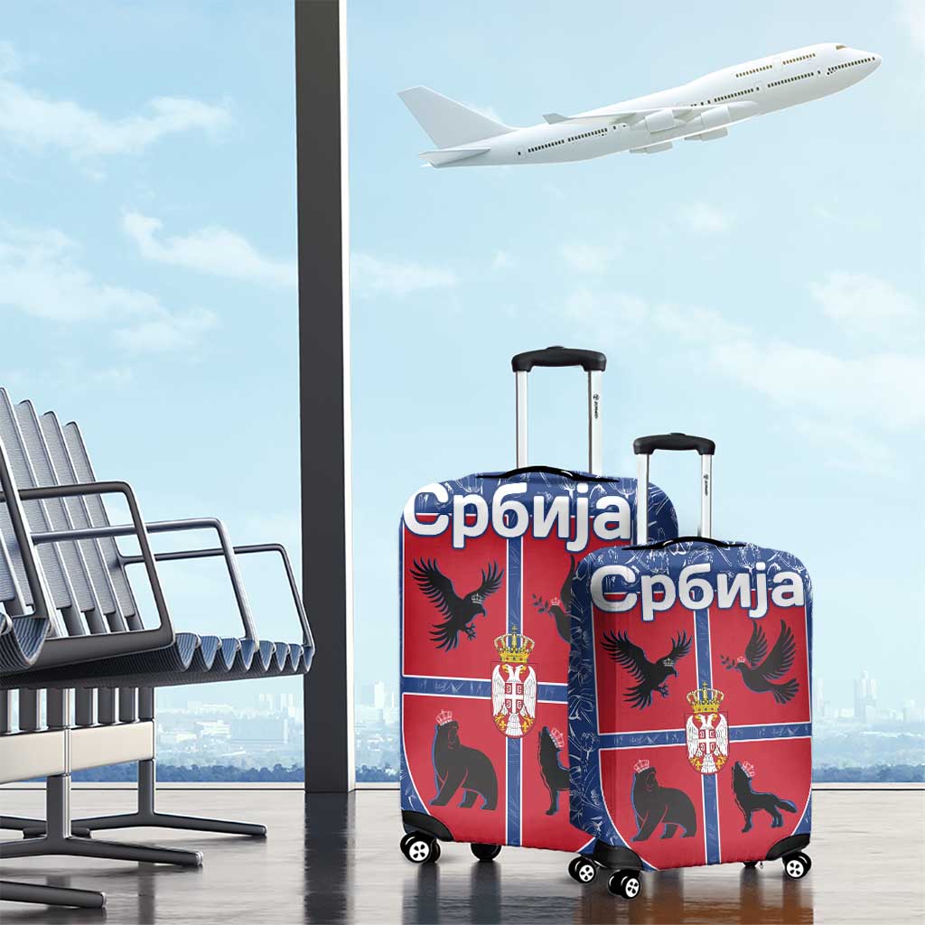 Serbia Luggage Cover with Royal Animal Crest and Tulip Floral Blue Background TS04