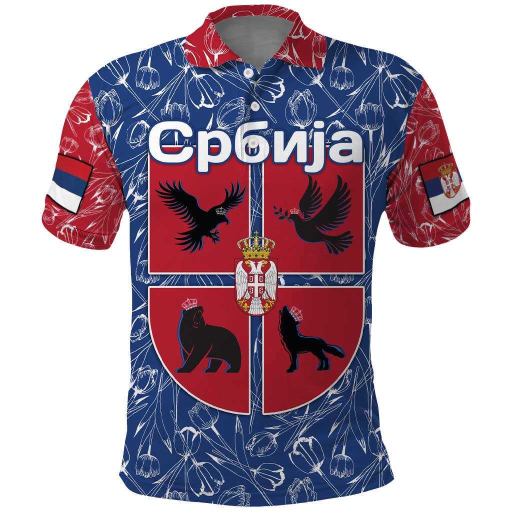 Serbia Polo Shirt with Royal Animal Crest and Tulip Floral Blue Background TS04