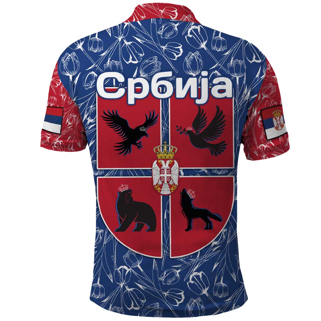 Serbia Polo Shirt with Royal Animal Crest and Tulip Floral Blue Background TS04
