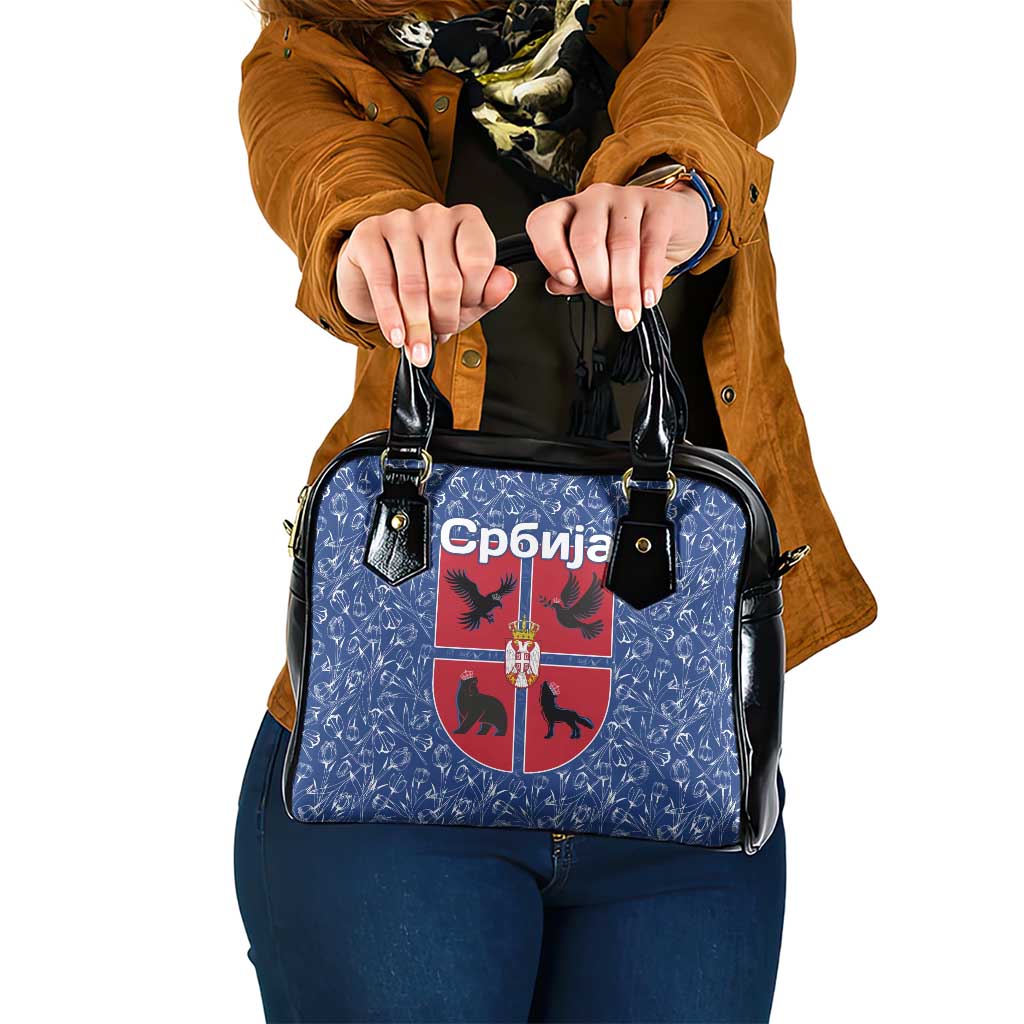 Serbia Shoulder Handbag with Royal Animal Crest and Tulip Floral Blue Background TS04
