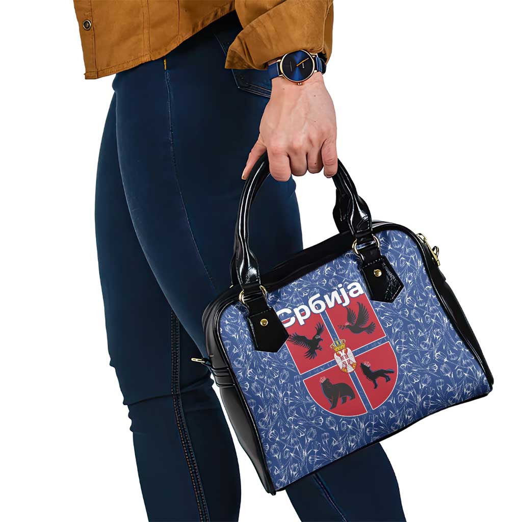 Serbia Shoulder Handbag with Royal Animal Crest and Tulip Floral Blue Background TS04