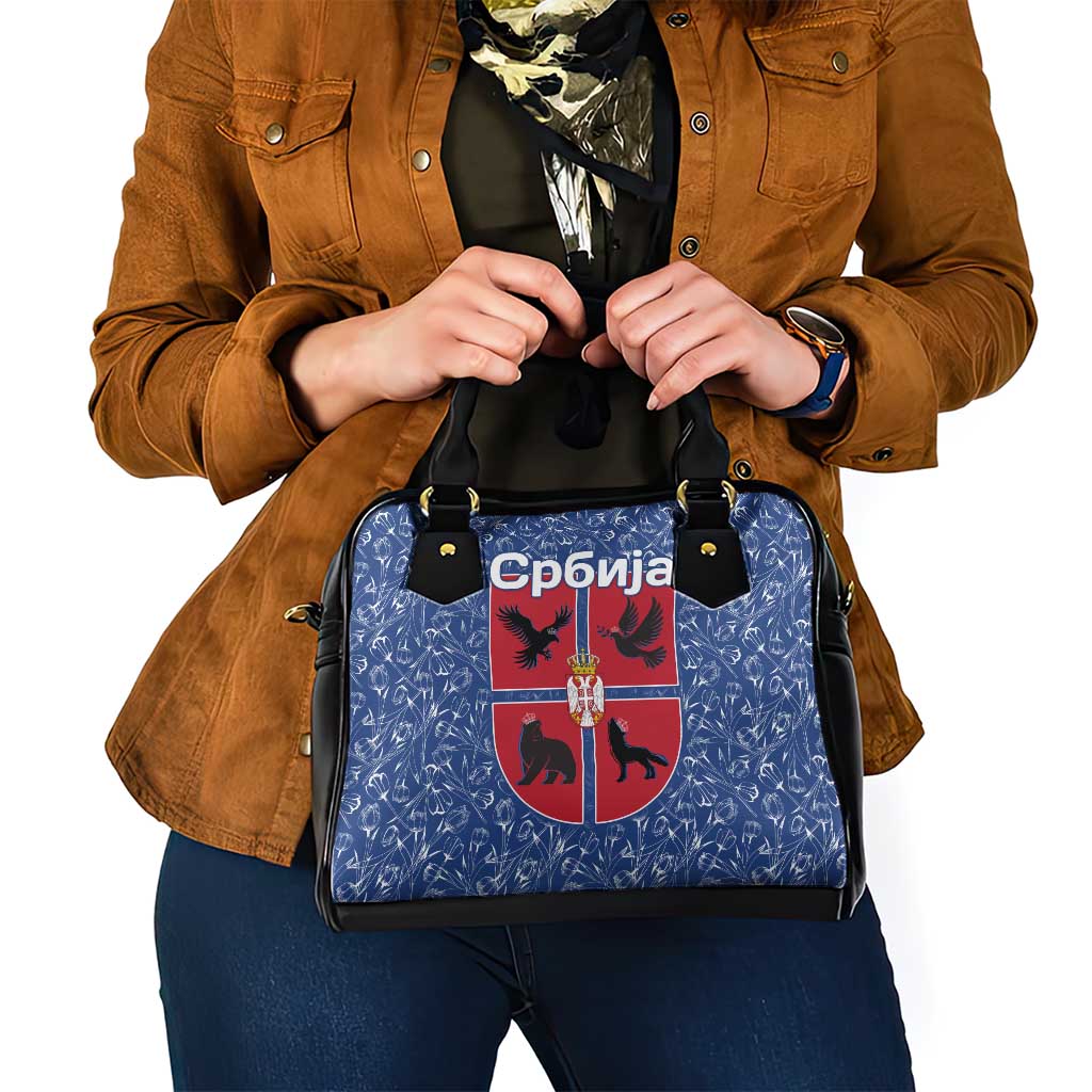 Serbia Shoulder Handbag with Royal Animal Crest and Tulip Floral Blue Background TS04