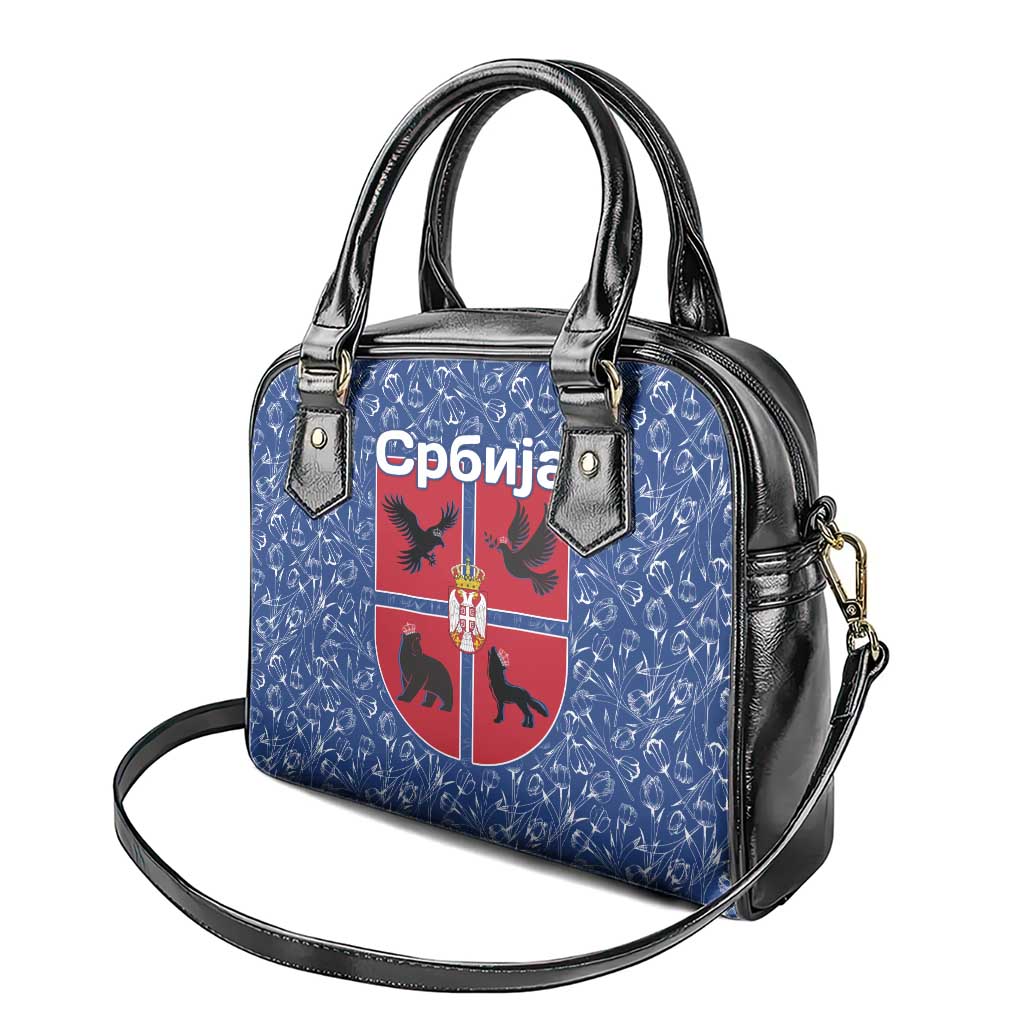 Serbia Shoulder Handbag with Royal Animal Crest and Tulip Floral Blue Background TS04