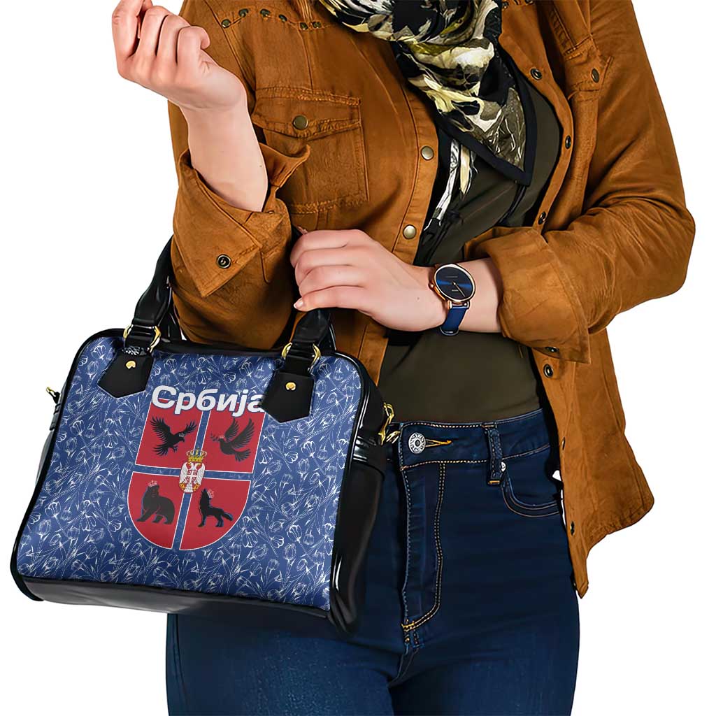 Serbia Shoulder Handbag with Royal Animal Crest and Tulip Floral Blue Background TS04