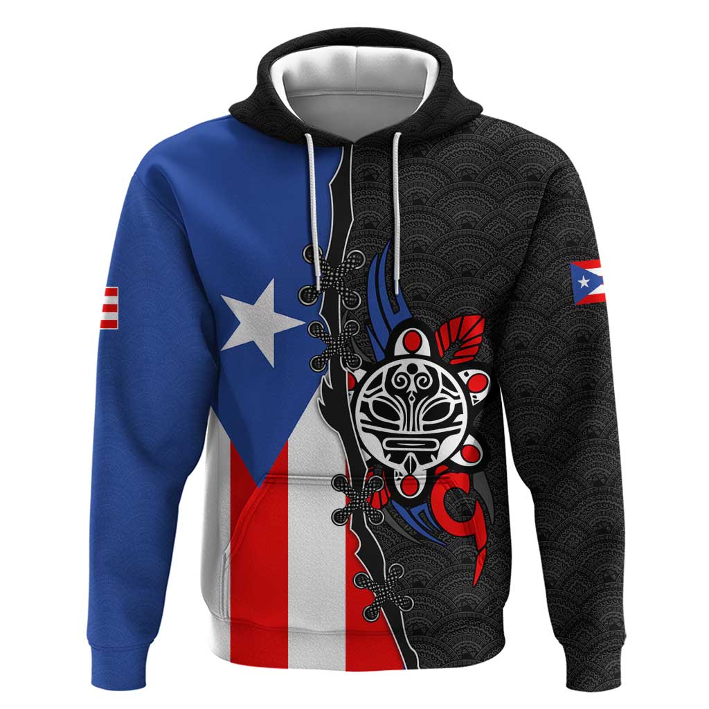 Puerto Rico Hoodie with Tribal Sun Symbol and Flag Color Block Design TS04