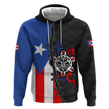 Puerto Rico Hoodie with Tribal Sun Symbol and Flag Color Block Design TS04