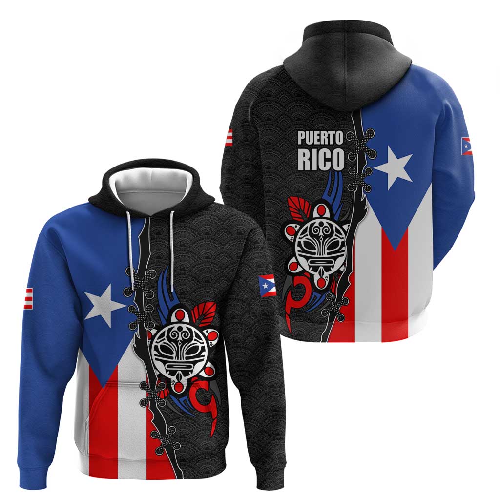 Puerto Rico Hoodie with Tribal Sun Symbol and Flag Color Block Design TS04