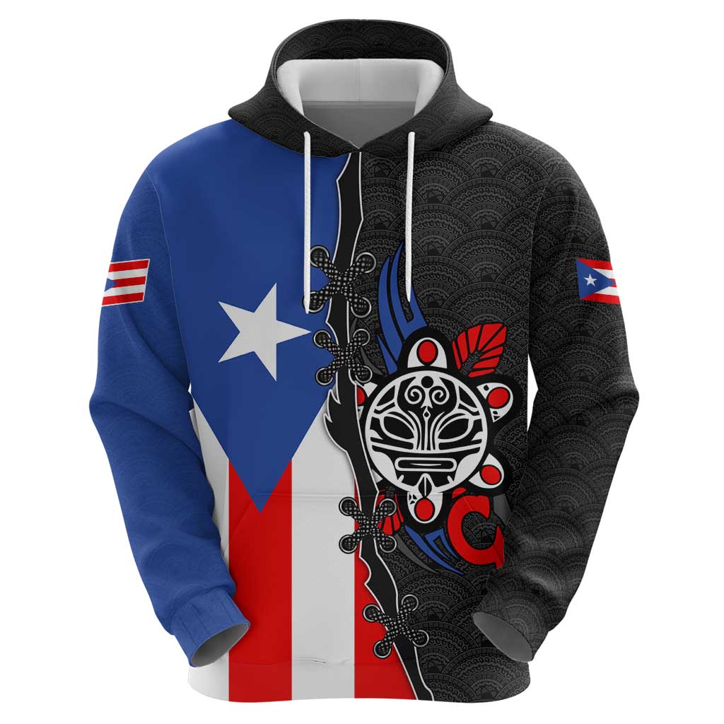 Puerto Rico Hoodie with Tribal Sun Symbol and Flag Color Block Design TS04