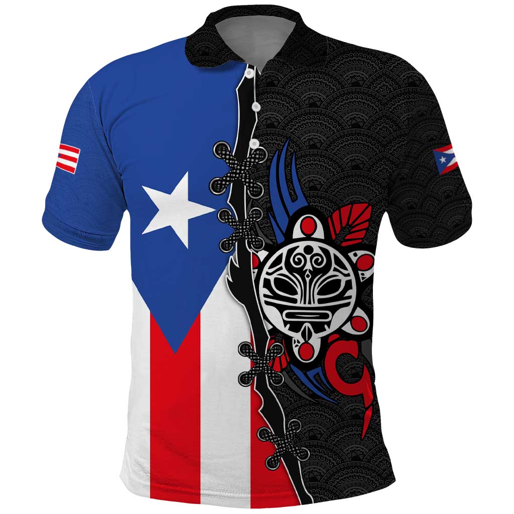 Puerto Rico Polo Shirt with Tribal Sun Symbol and Flag Color Block Design TS04