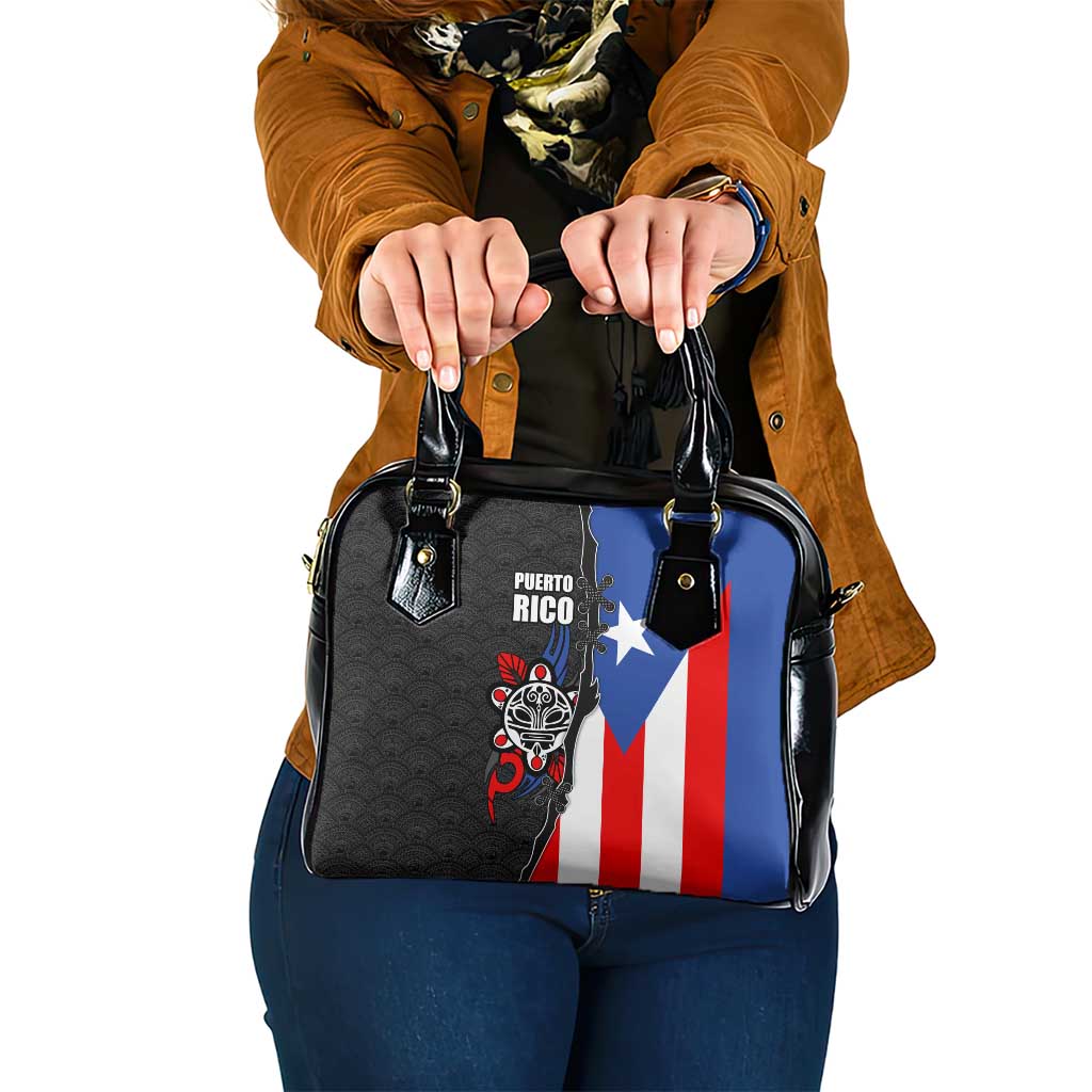 Puerto Rico Shoulder Handbag with Tribal Sun Symbol and Flag Color Block Design TS04
