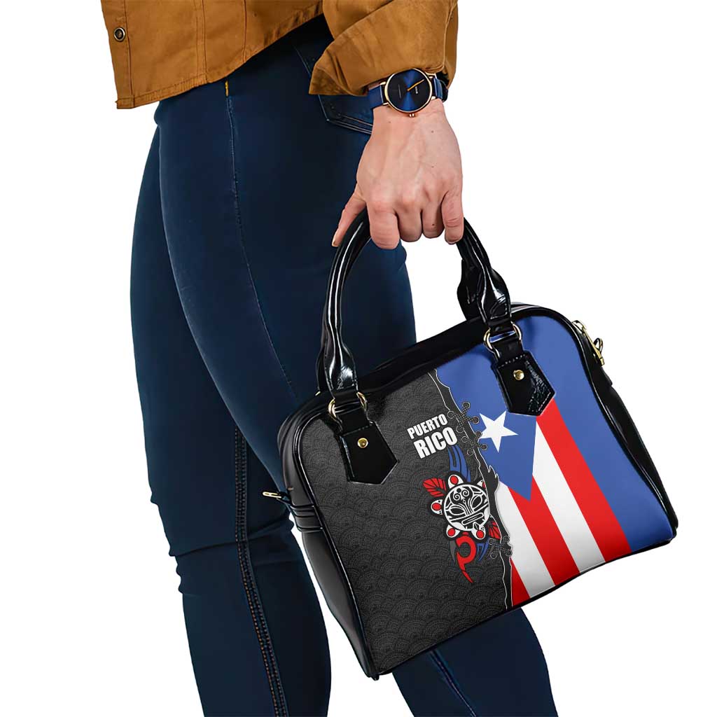 Puerto Rico Shoulder Handbag with Tribal Sun Symbol and Flag Color Block Design TS04