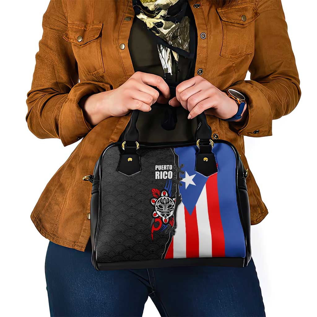 Puerto Rico Shoulder Handbag with Tribal Sun Symbol and Flag Color Block Design TS04