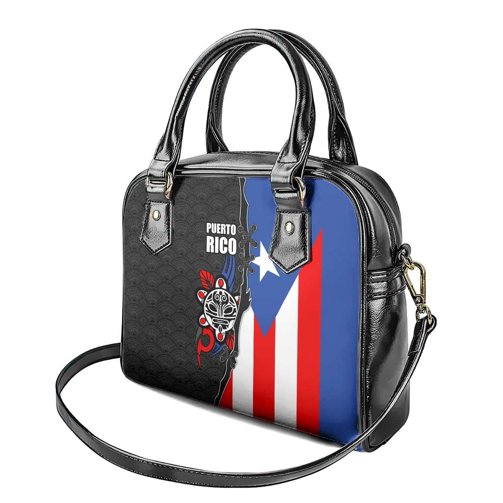 Puerto Rico Shoulder Handbag with Tribal Sun Symbol and Flag Color Block Design TS04