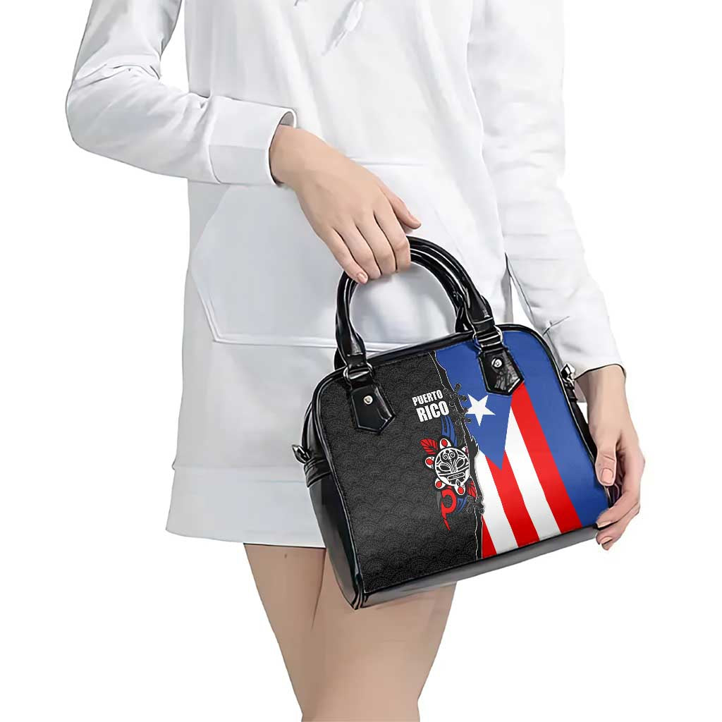 Puerto Rico Shoulder Handbag with Tribal Sun Symbol and Flag Color Block Design TS04