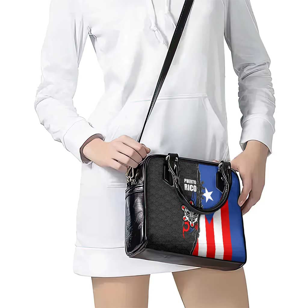 Puerto Rico Shoulder Handbag with Tribal Sun Symbol and Flag Color Block Design TS04