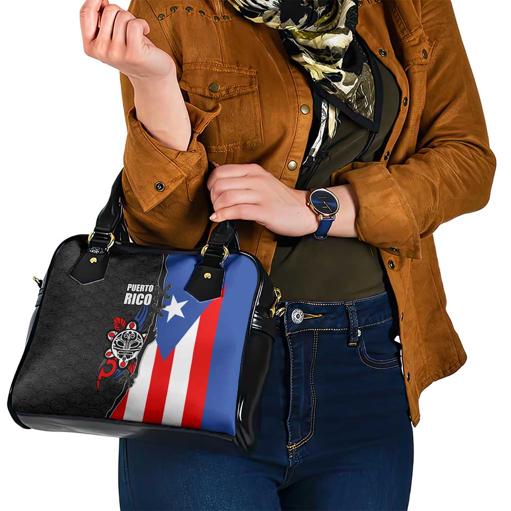 Puerto Rico Shoulder Handbag with Tribal Sun Symbol and Flag Color Block Design TS04