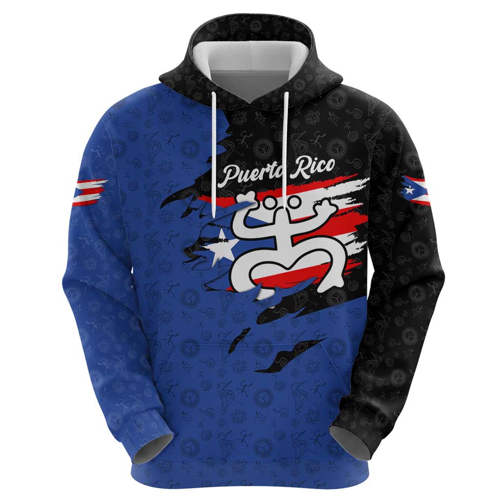 Puerto Rico Hoodie with Coqui Frog Symbol and Distressed Flag Design TS04