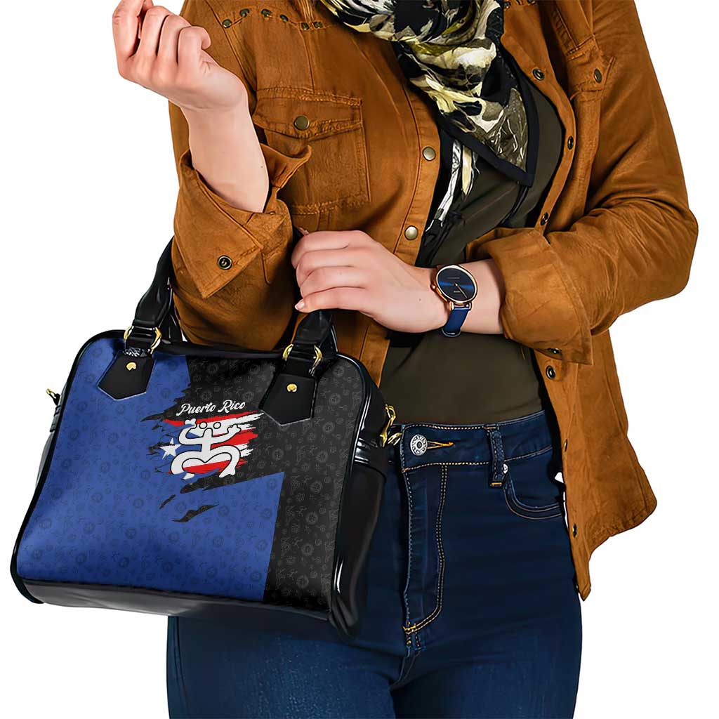 Puerto Rico Shoulder Handbag with Coqui Frog Symbol and Distressed Flag Design TS04