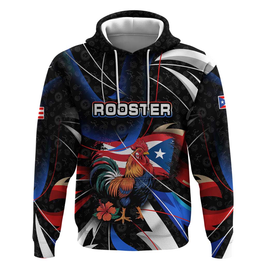 Puerto Rico Rooster Hoodie with Flag Design and Tropical Hibiscus Flowers TS04