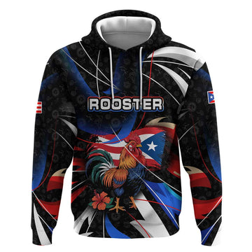 Puerto Rico Rooster Hoodie with Flag Design and Tropical Hibiscus Flowers TS04