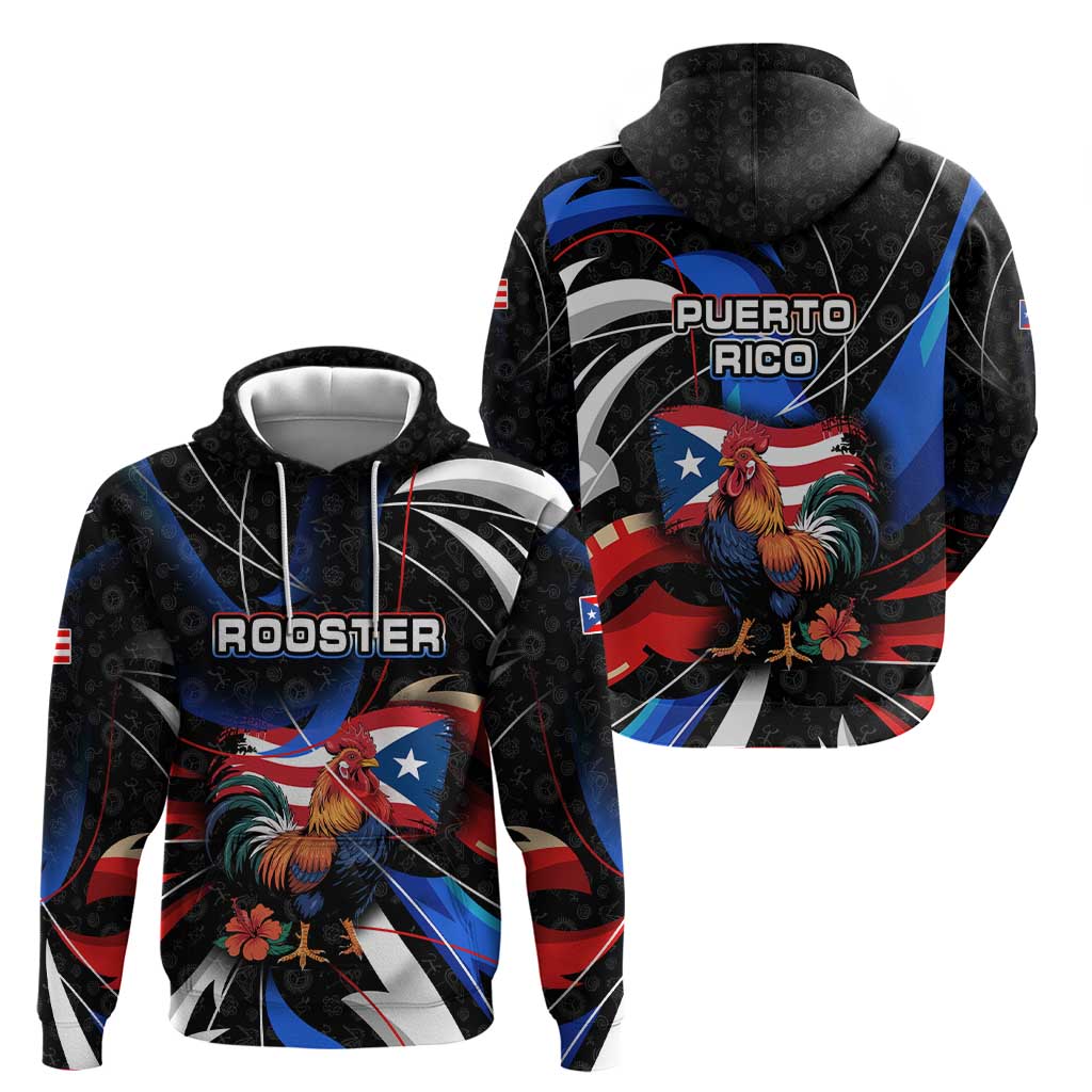 Puerto Rico Rooster Hoodie with Flag Design and Tropical Hibiscus Flowers TS04