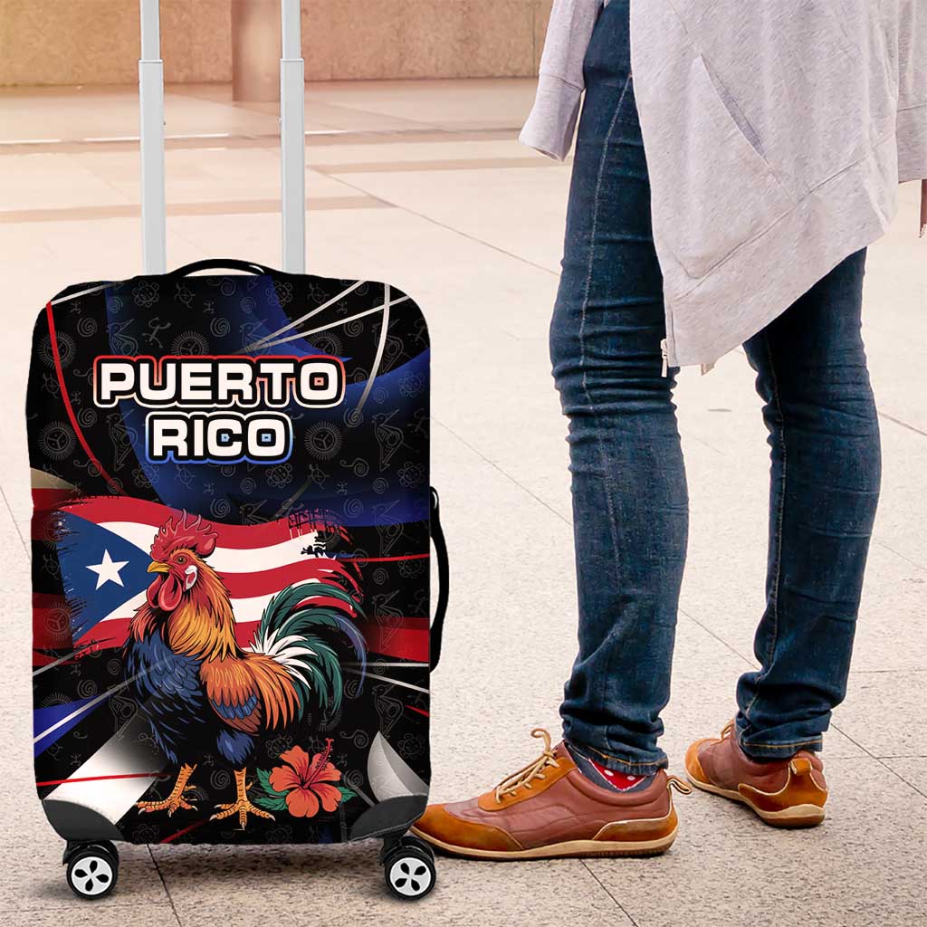 Puerto Rico Rooster Luggage Cover with Flag Design and Tropical Hibiscus Flowers TS04