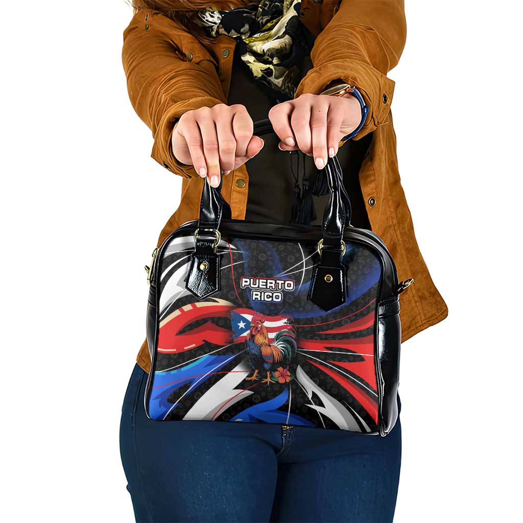 Puerto Rico Rooster Shoulder Handbag with Flag Design and Tropical Hibiscus Flowers TS04