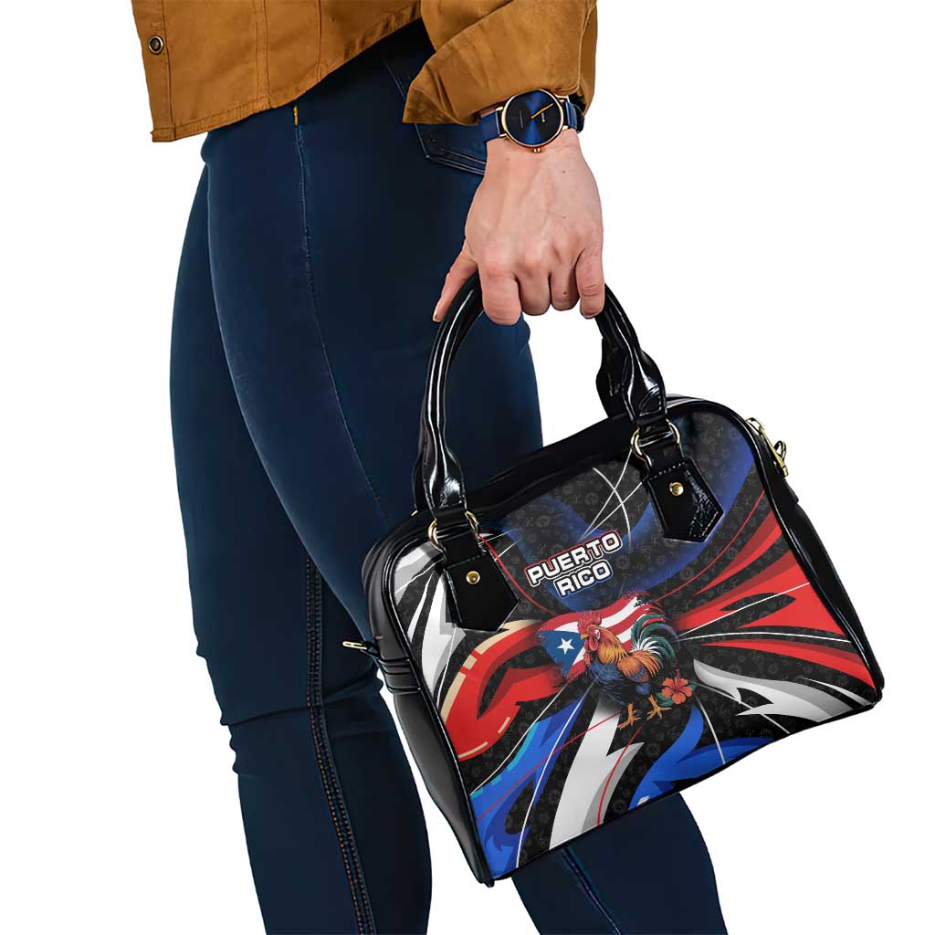 Puerto Rico Rooster Shoulder Handbag with Flag Design and Tropical Hibiscus Flowers TS04