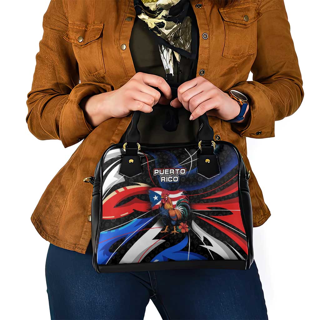 Puerto Rico Rooster Shoulder Handbag with Flag Design and Tropical Hibiscus Flowers TS04