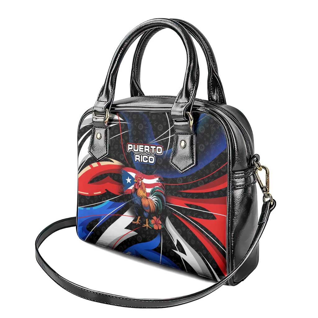 Puerto Rico Rooster Shoulder Handbag with Flag Design and Tropical Hibiscus Flowers TS04