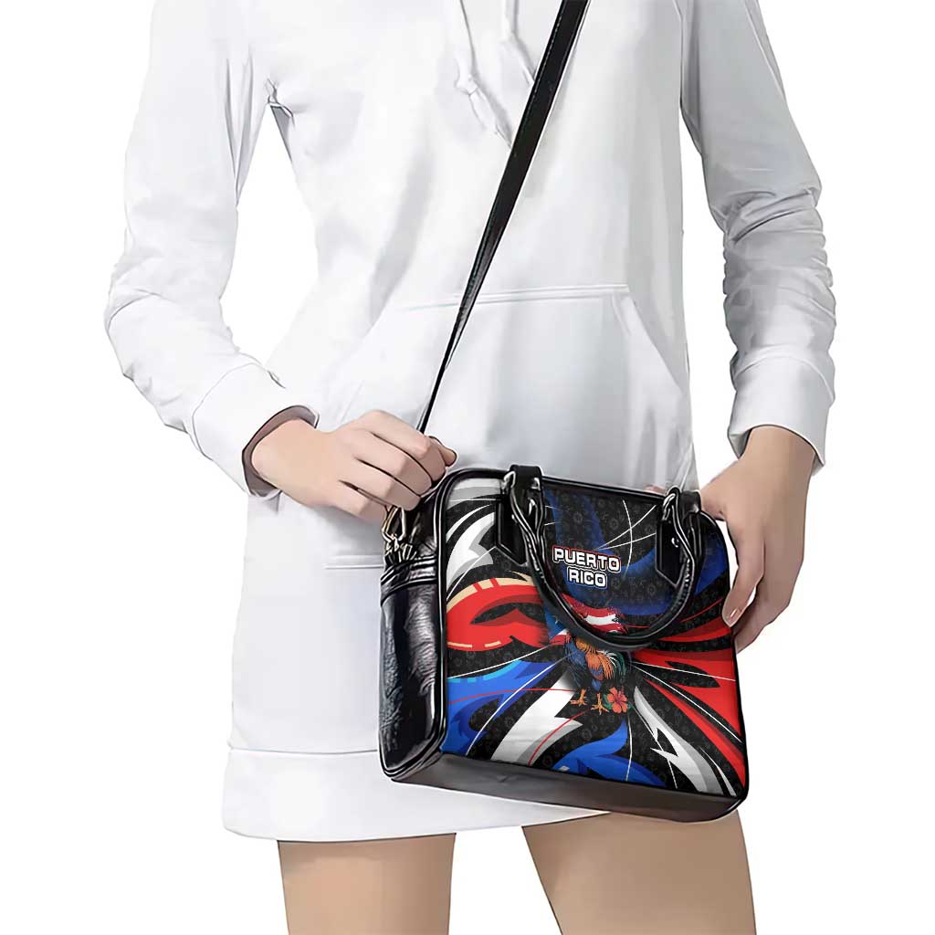 Puerto Rico Rooster Shoulder Handbag with Flag Design and Tropical Hibiscus Flowers TS04