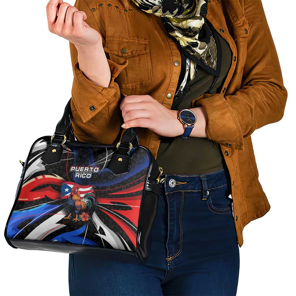 Puerto Rico Rooster Shoulder Handbag with Flag Design and Tropical Hibiscus Flowers TS04