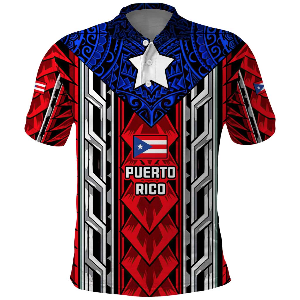 Puerto Rico Polo Shirt with Tribal Patterns, Flag Emblem, and Taino Symbol Design TS04