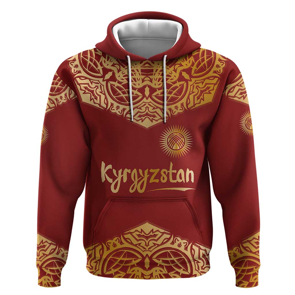 Kyrgyzstan National Symbol Hoodie Traditional Golden Pattern in Red and Gold TS04