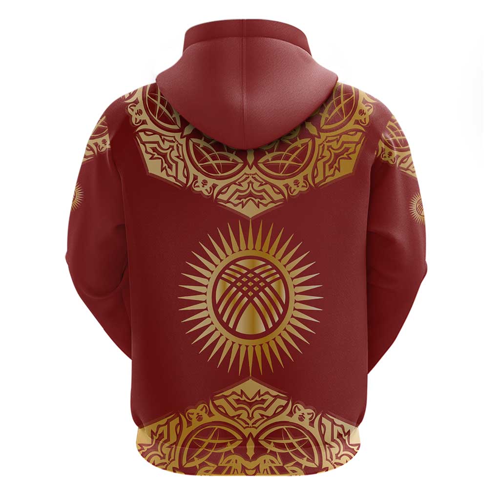 Kyrgyzstan National Symbol Hoodie Traditional Golden Pattern in Red and Gold TS04