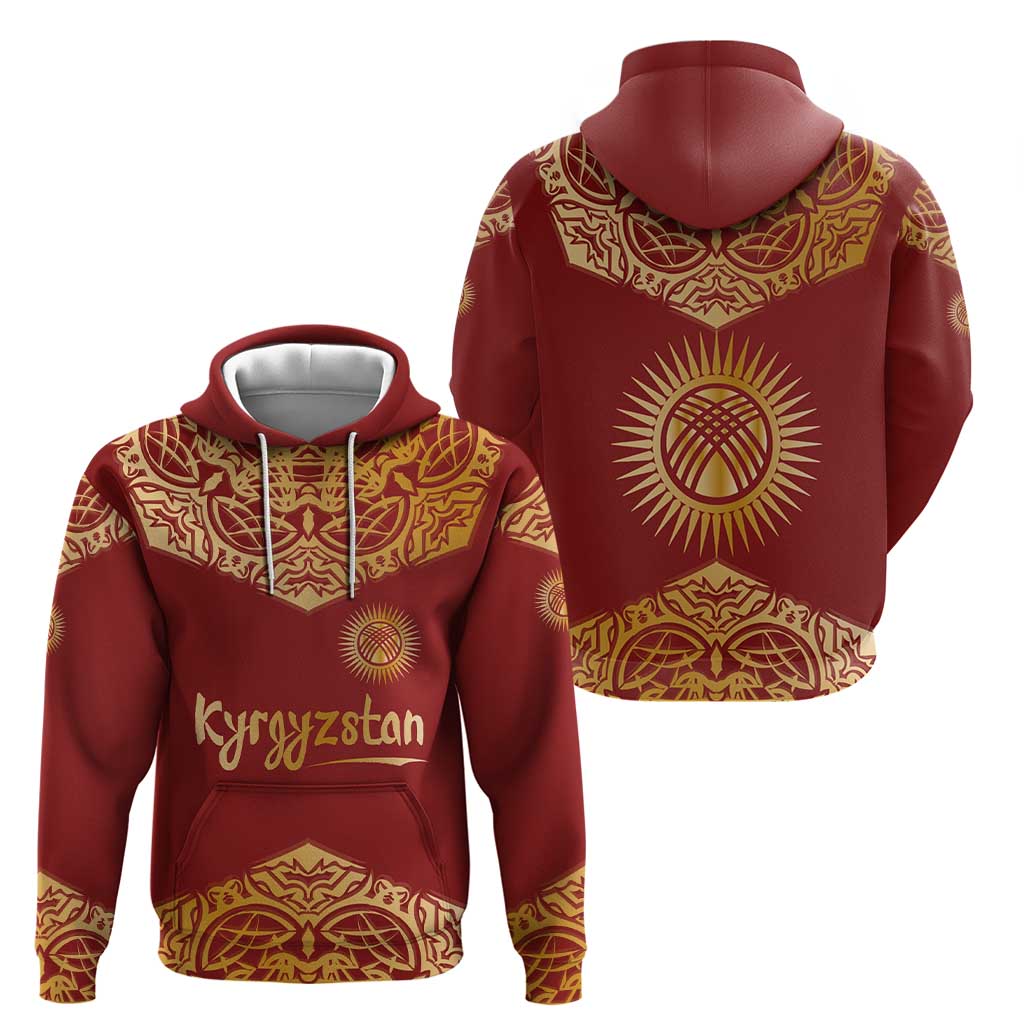 Kyrgyzstan National Symbol Hoodie Traditional Golden Pattern in Red and Gold TS04