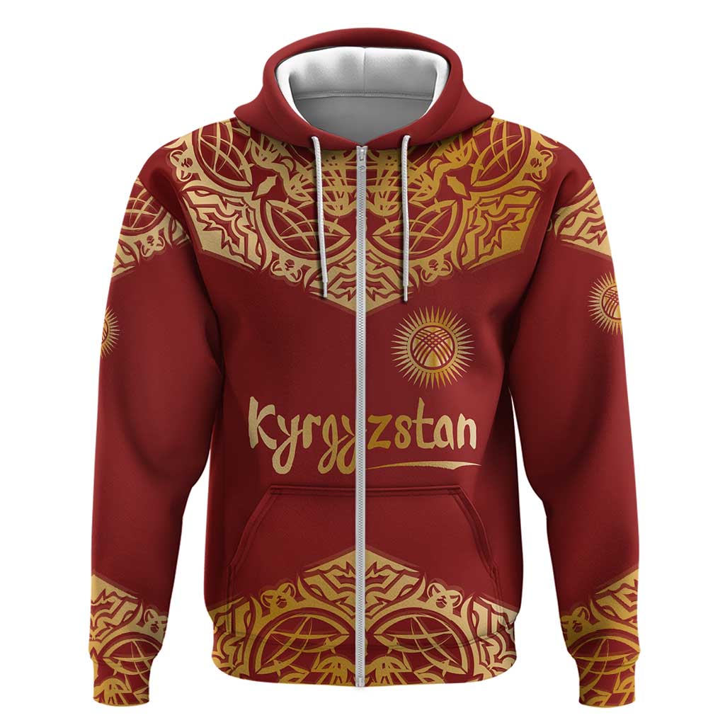 Kyrgyzstan National Symbol Hoodie Traditional Golden Pattern in Red and Gold TS04