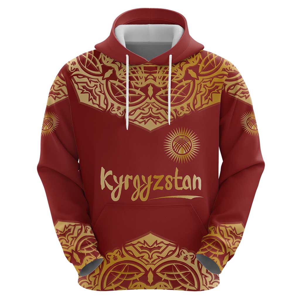Kyrgyzstan National Symbol Hoodie Traditional Golden Pattern in Red and Gold TS04