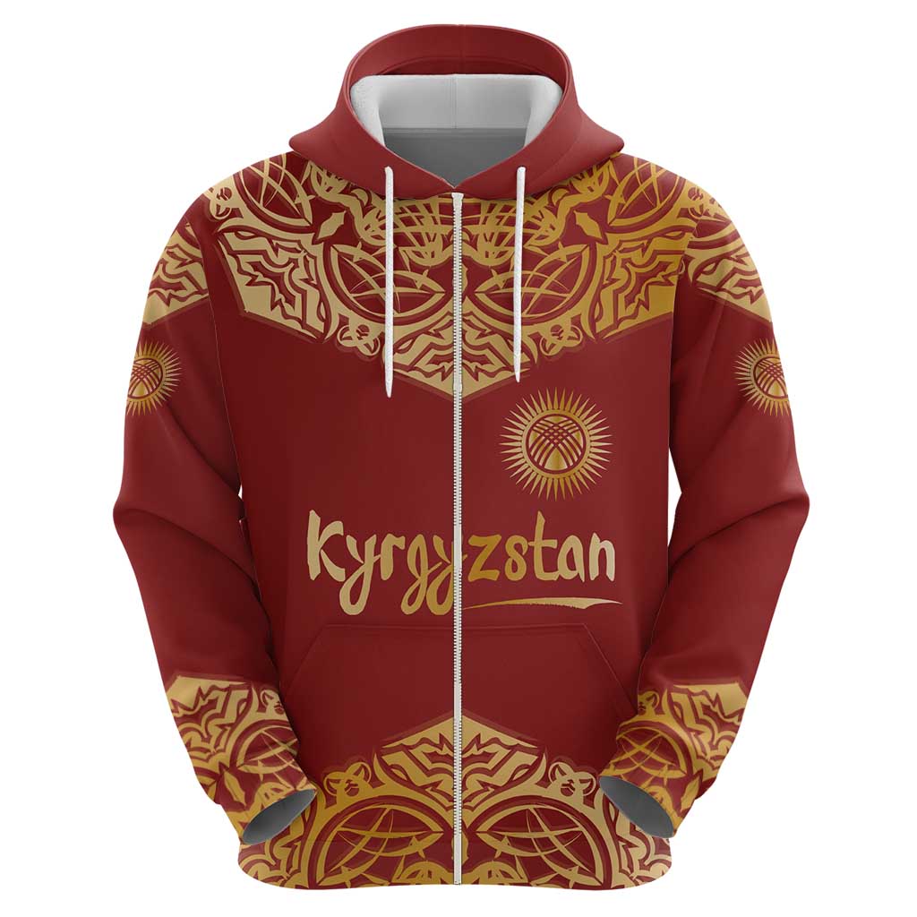Kyrgyzstan National Symbol Hoodie Traditional Golden Pattern in Red and Gold TS04