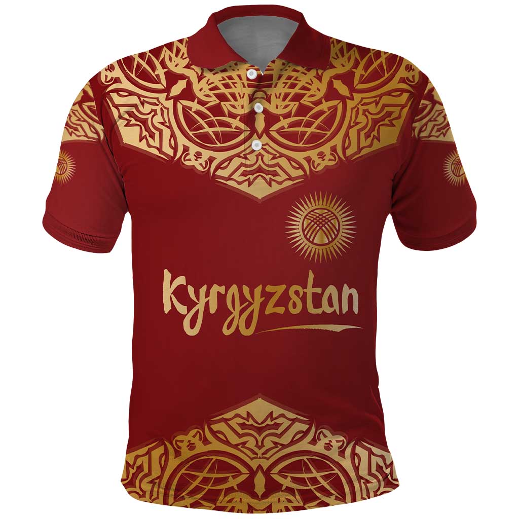 Kyrgyzstan National Symbol Polo Shirt Traditional Golden Pattern in Red and Gold TS04