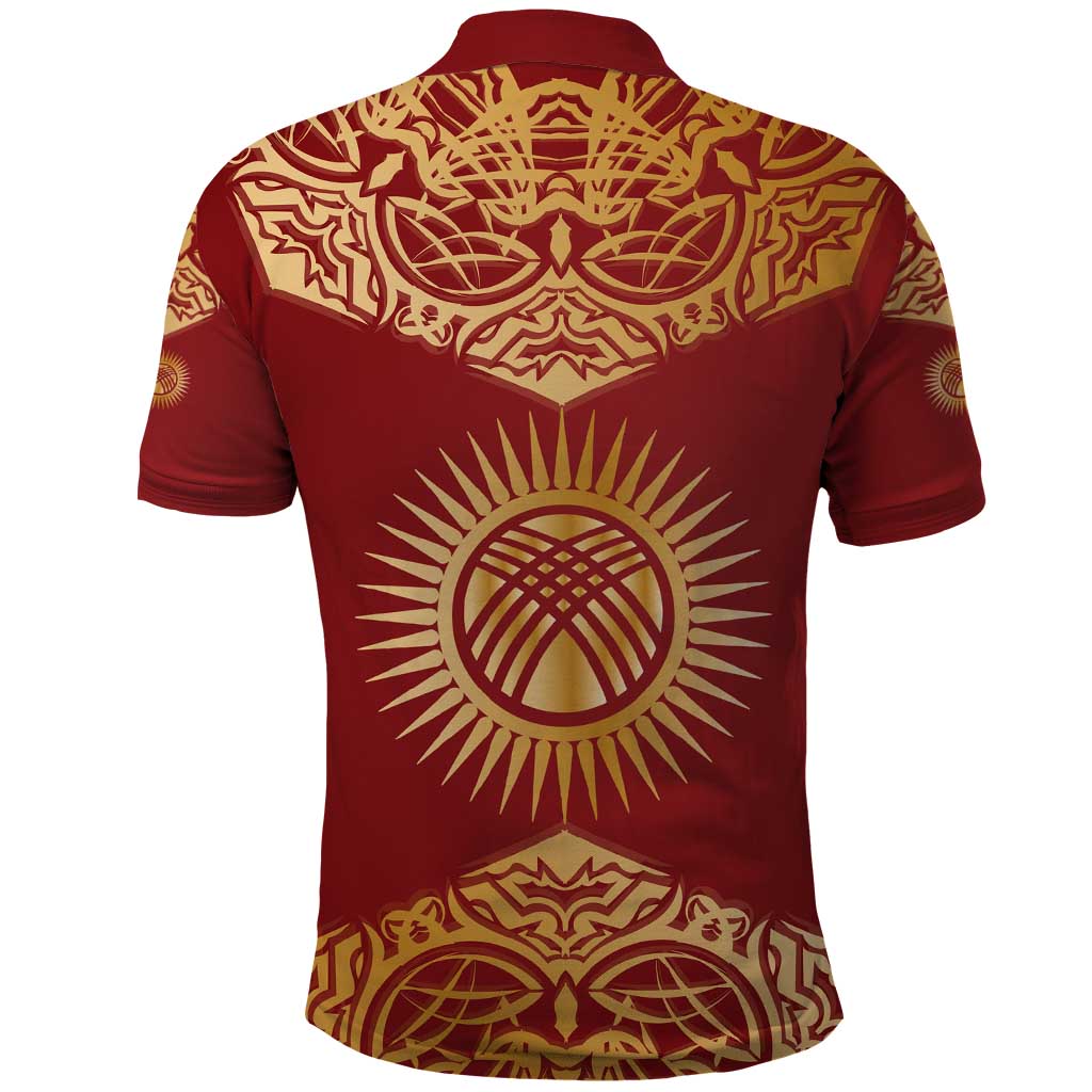 Kyrgyzstan National Symbol Polo Shirt Traditional Golden Pattern in Red and Gold TS04