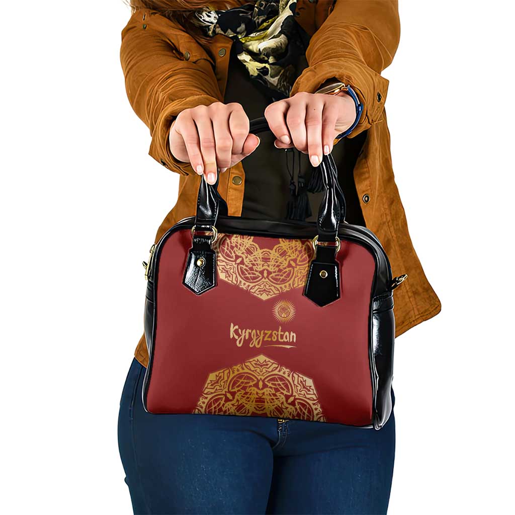 Kyrgyzstan National Symbol Shoulder Handbag Traditional Golden Pattern in Red and Gold TS04