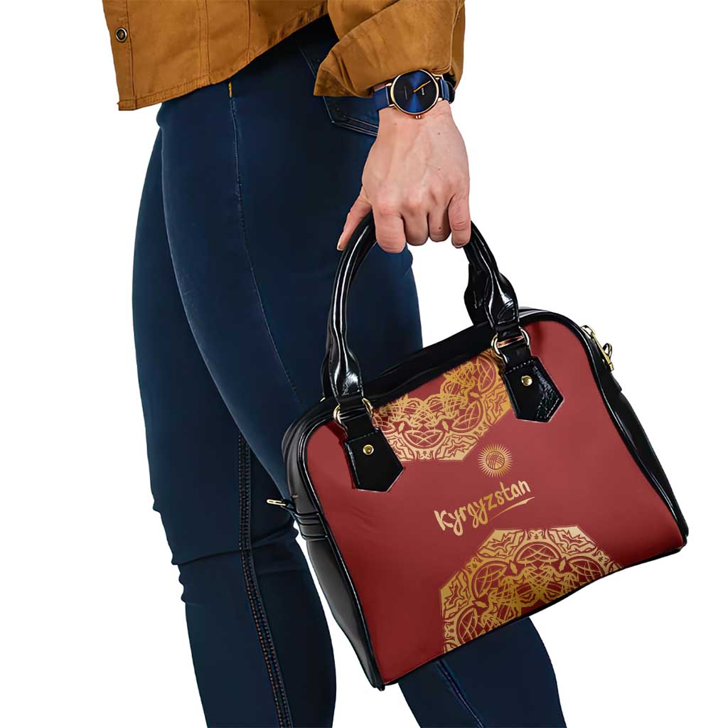 Kyrgyzstan National Symbol Shoulder Handbag Traditional Golden Pattern in Red and Gold TS04