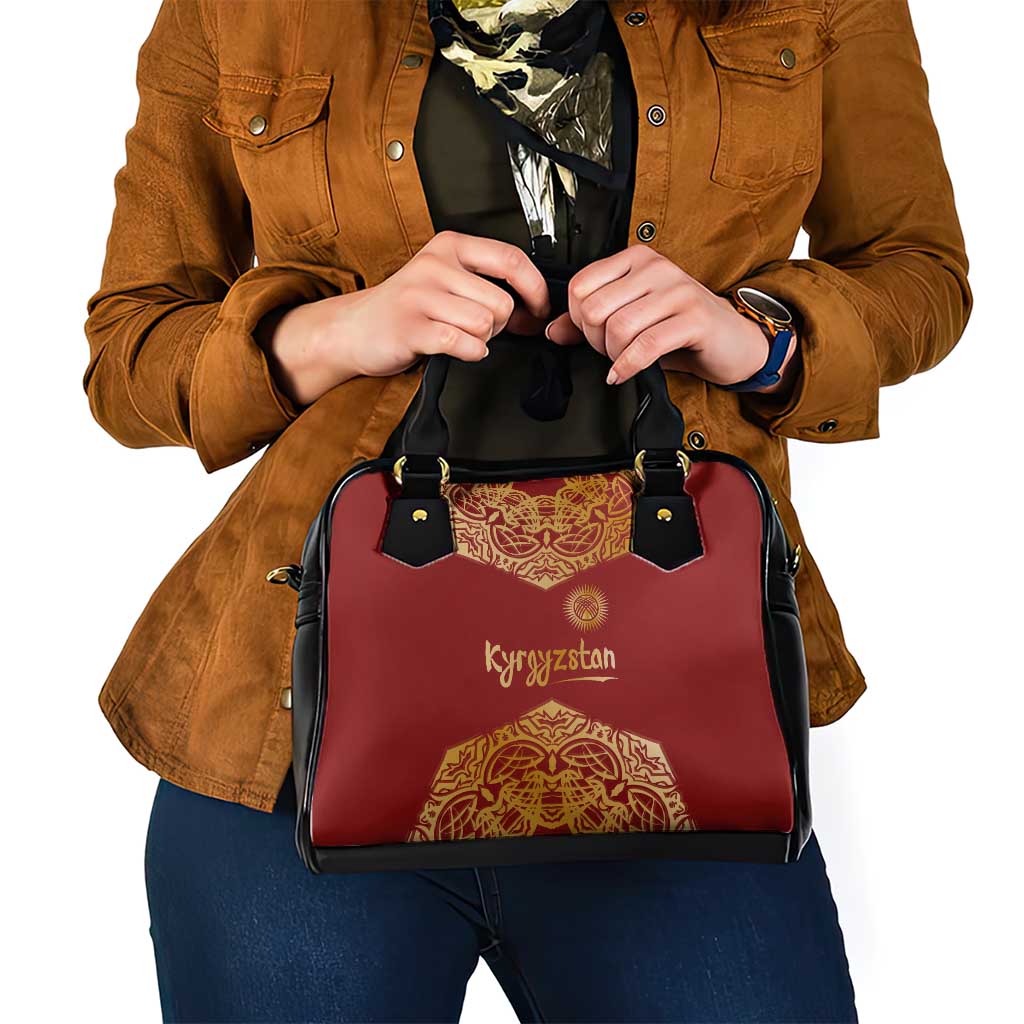Kyrgyzstan National Symbol Shoulder Handbag Traditional Golden Pattern in Red and Gold TS04