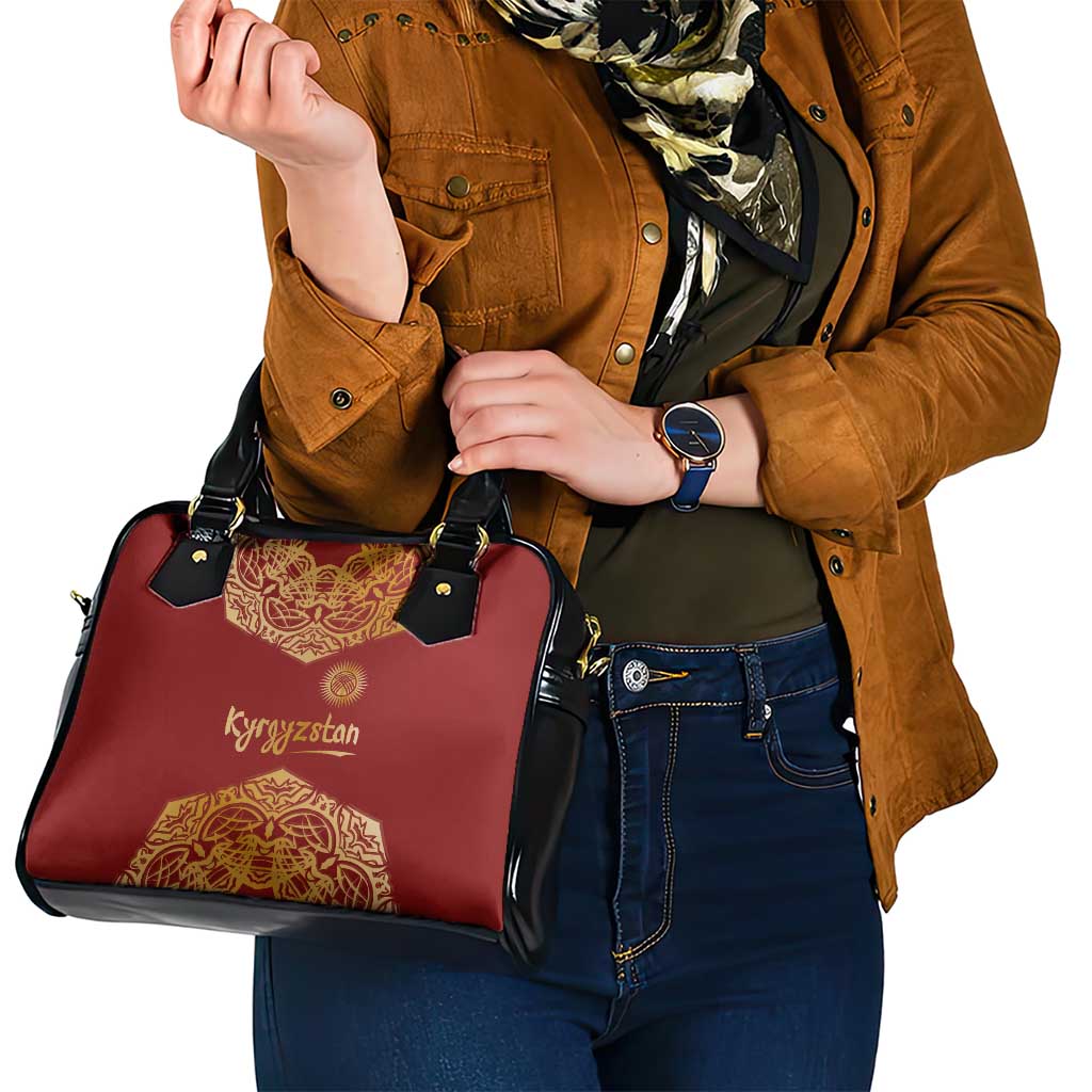Kyrgyzstan National Symbol Shoulder Handbag Traditional Golden Pattern in Red and Gold TS04