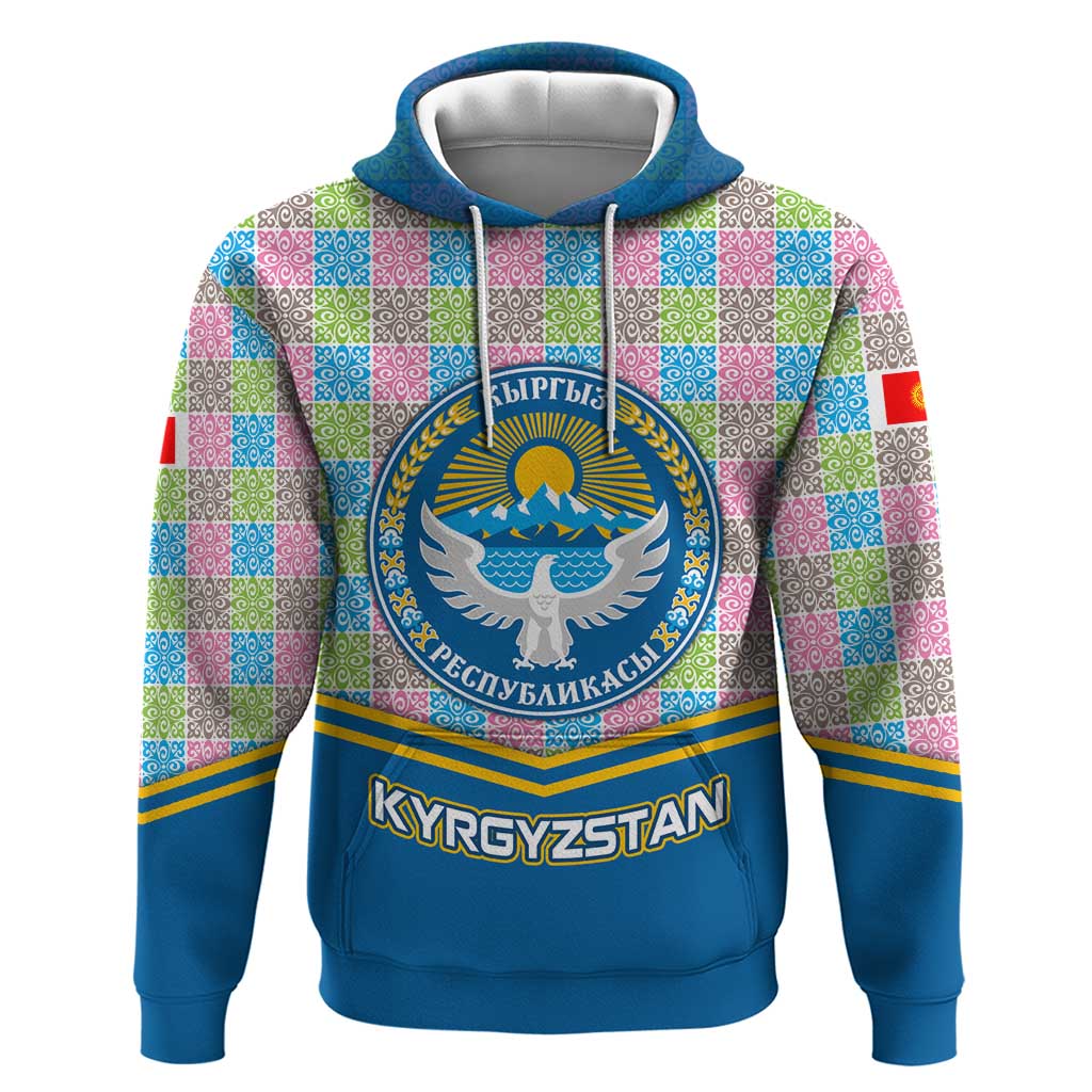 Kyrgyzstan Colorful Patchwork Pattern Hoodie with National Crest and Flag Accents TS04