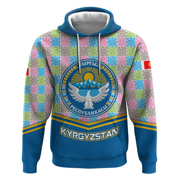 Kyrgyzstan Colorful Patchwork Pattern Hoodie with National Crest and Flag Accents TS04