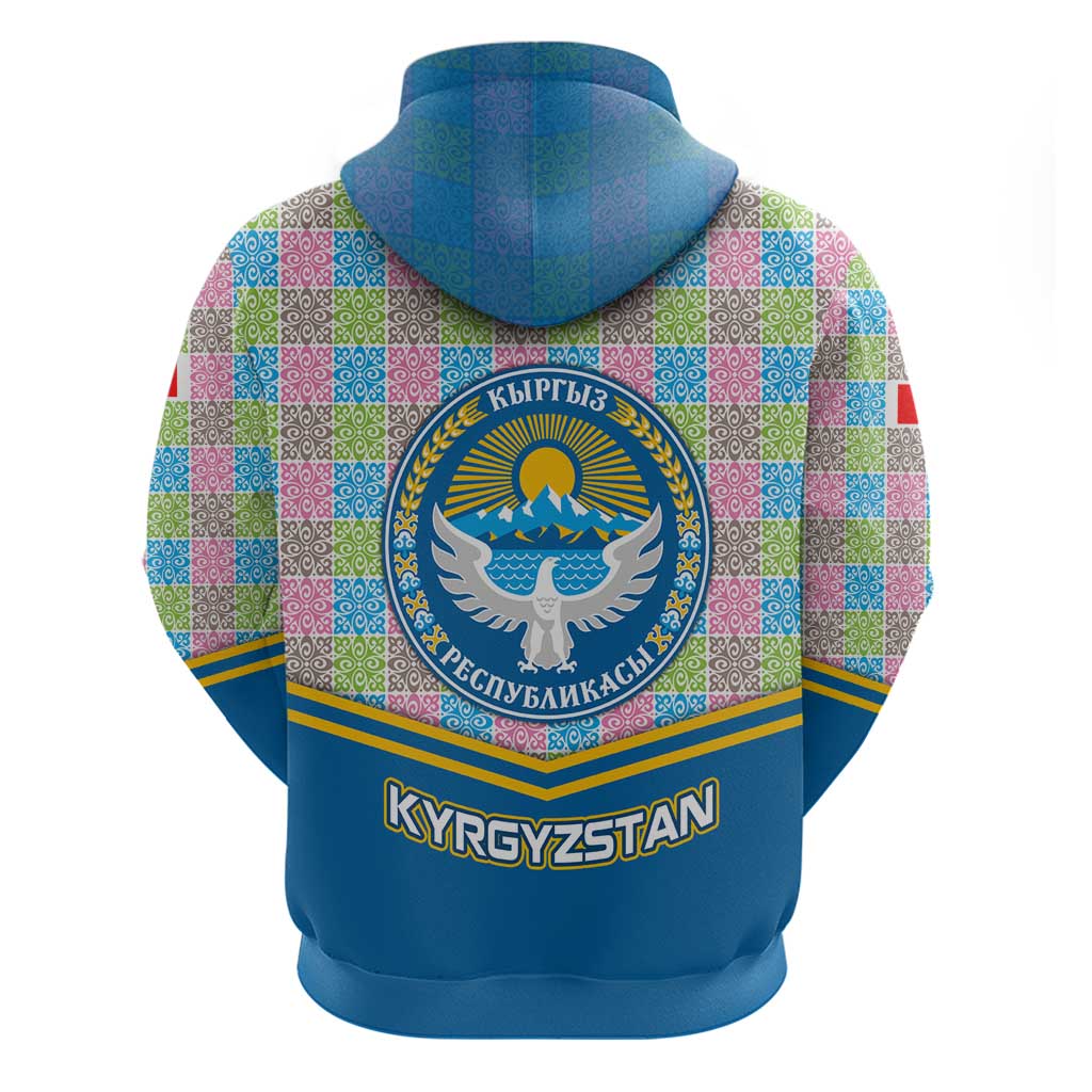 Kyrgyzstan Colorful Patchwork Pattern Hoodie with National Crest and Flag Accents TS04