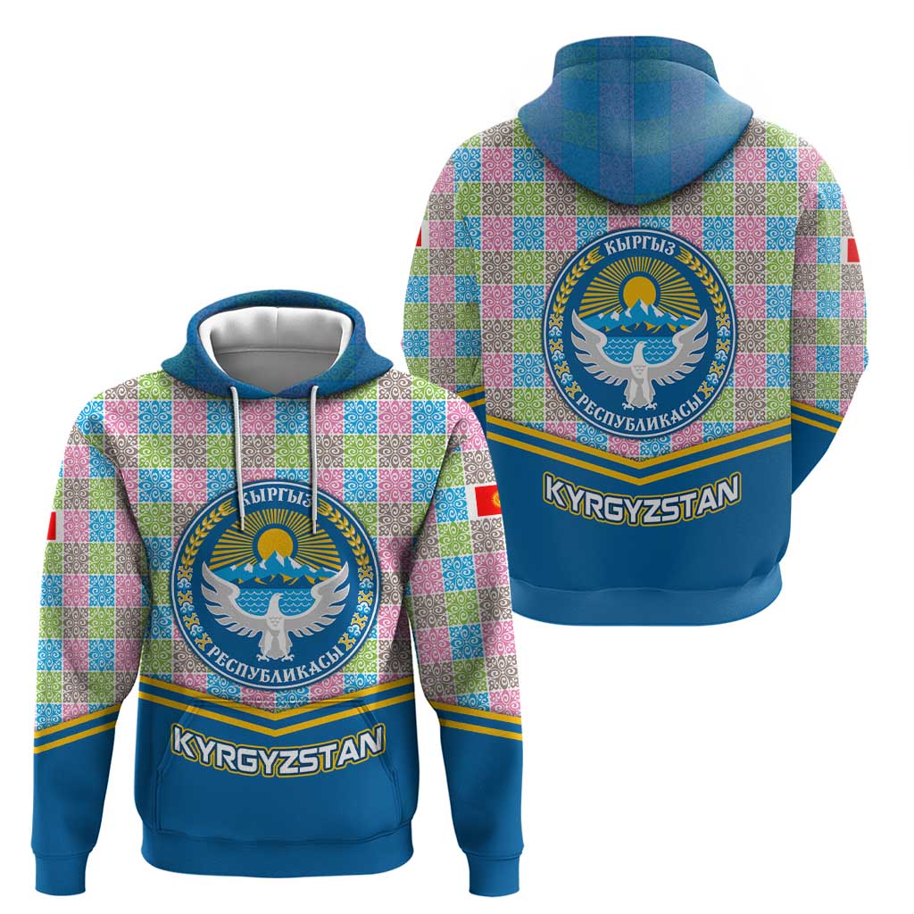 Kyrgyzstan Colorful Patchwork Pattern Hoodie with National Crest and Flag Accents TS04