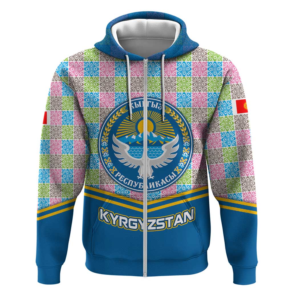 Kyrgyzstan Colorful Patchwork Pattern Hoodie with National Crest and Flag Accents TS04
